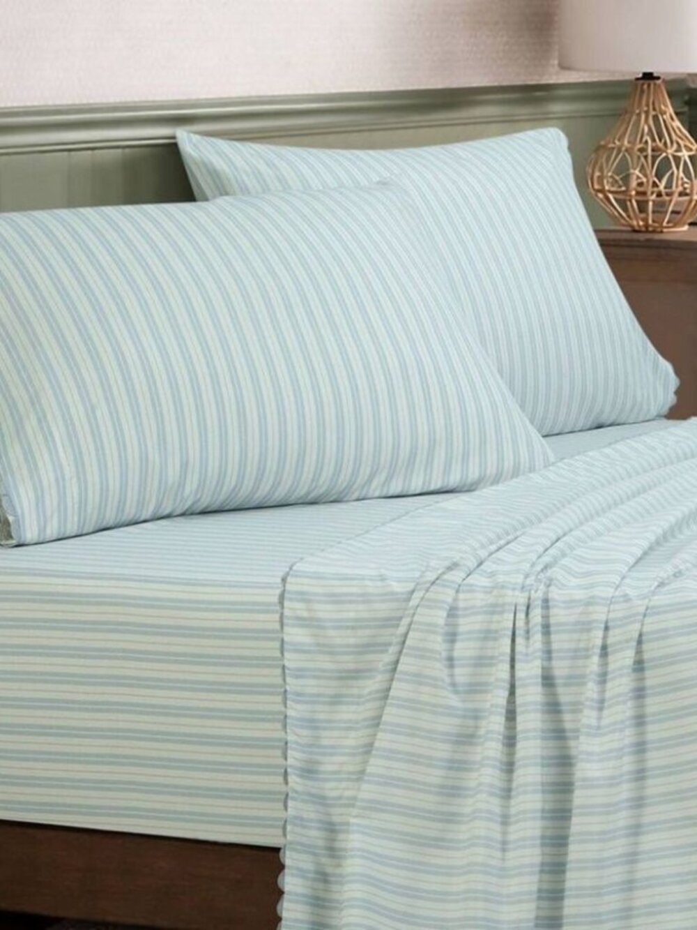 NEW Harlow & Wren Full Sheet Set: Blue Stripe with Scalloped Lace Trim